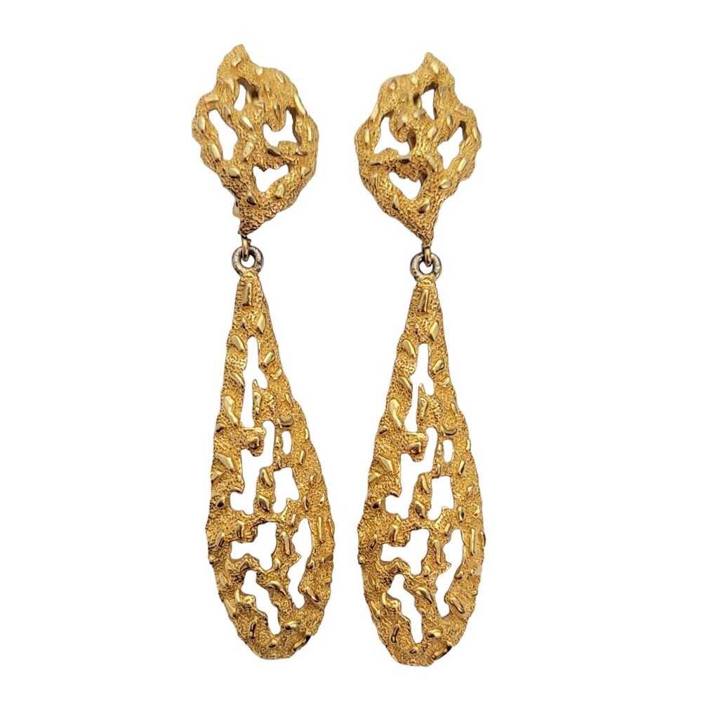 Trifari Crown Over T Gold Tone Brutalist Pear Nugget Clip Earrings Signed E968